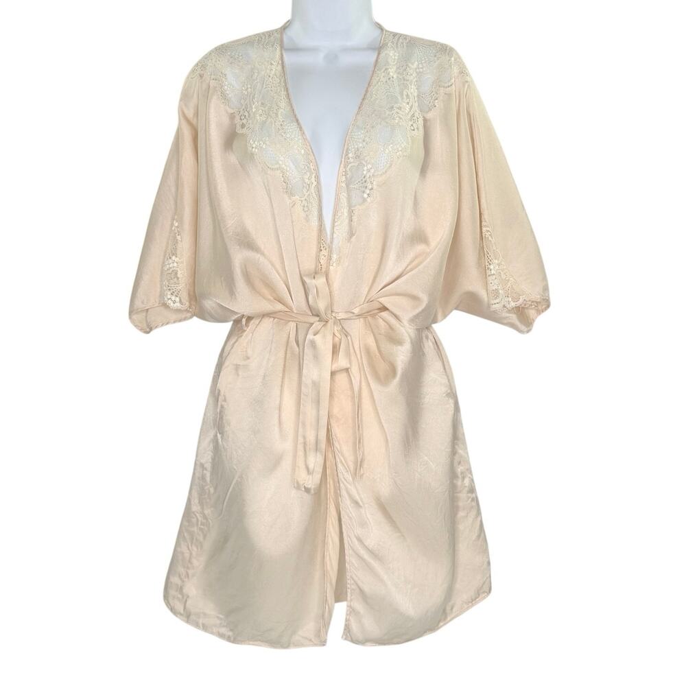 Patricia Fieldwalker Vintage Lace Inset Lounging Short Robe OS Peach Pink Kimono